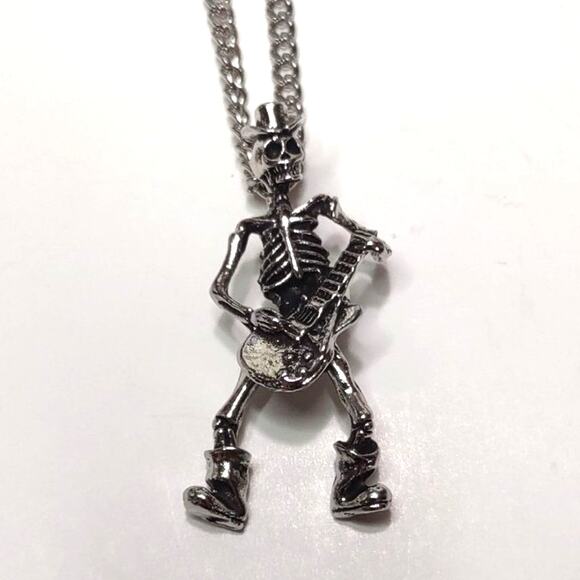 Stainless Necklace Dancing Skeleton Guitar Player Hat Birthday Valentines Gift - Picture 1 of 5